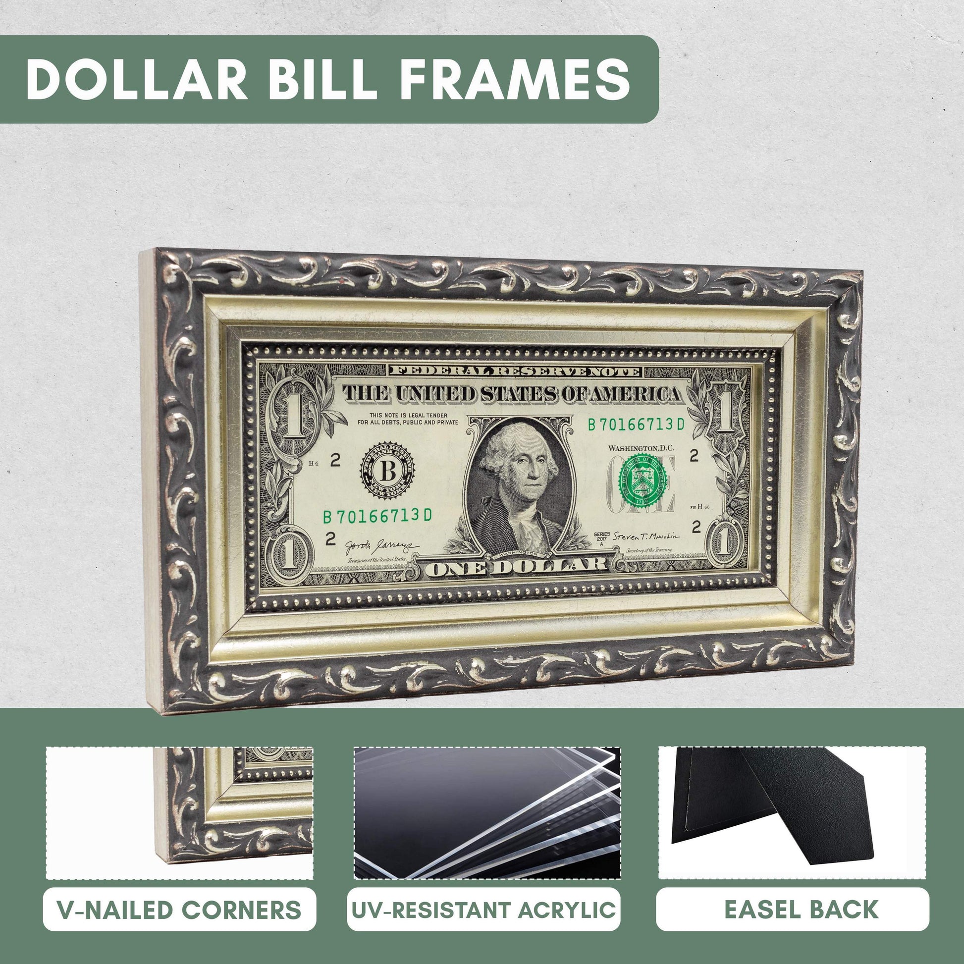 Ornate Silver First Dollar Currency Frame - size reference