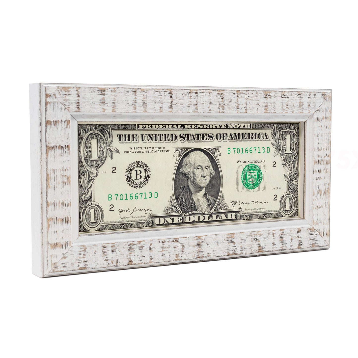 Rustic White First Dollar Currency Frame - corner and profile view