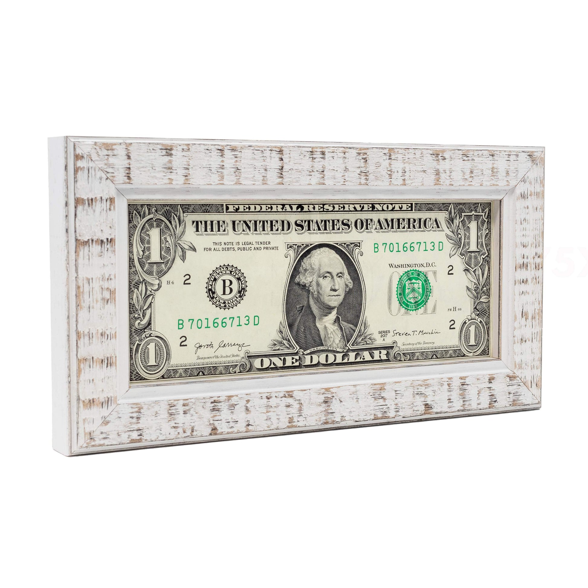 Rustic White First Dollar Currency Frame - corner and profile view