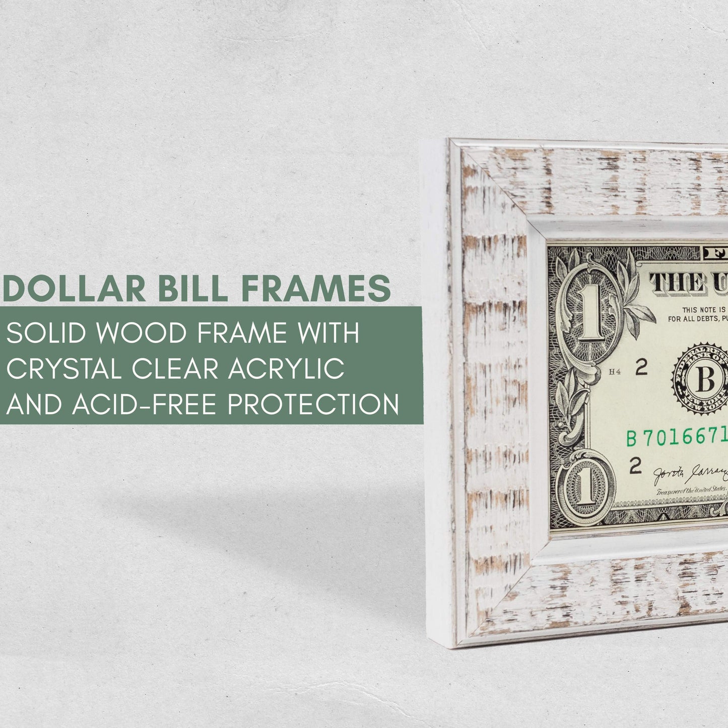 Rustic White First Dollar Currency Frame - back and hardware