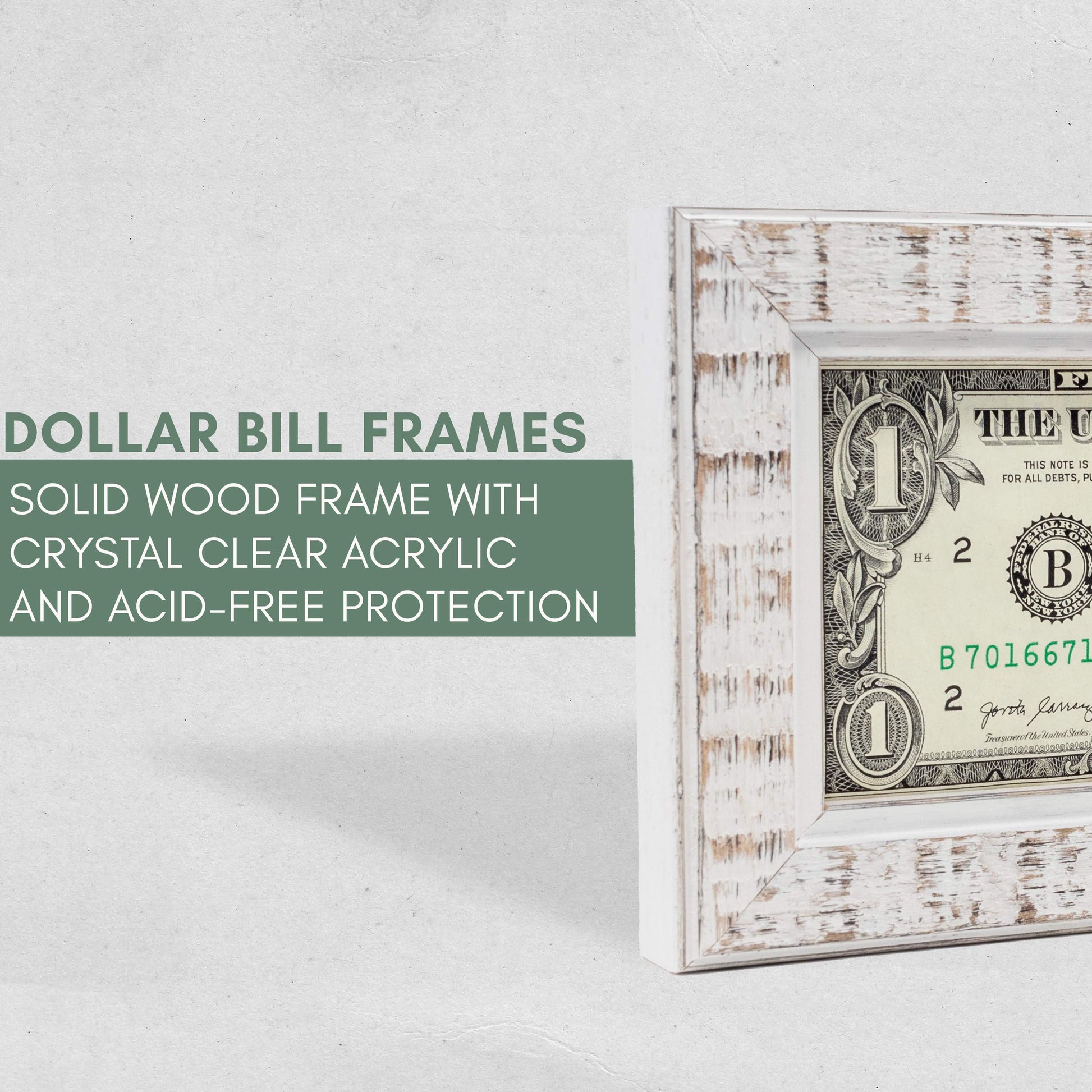 Rustic White First Dollar Currency Frame - back and hardware