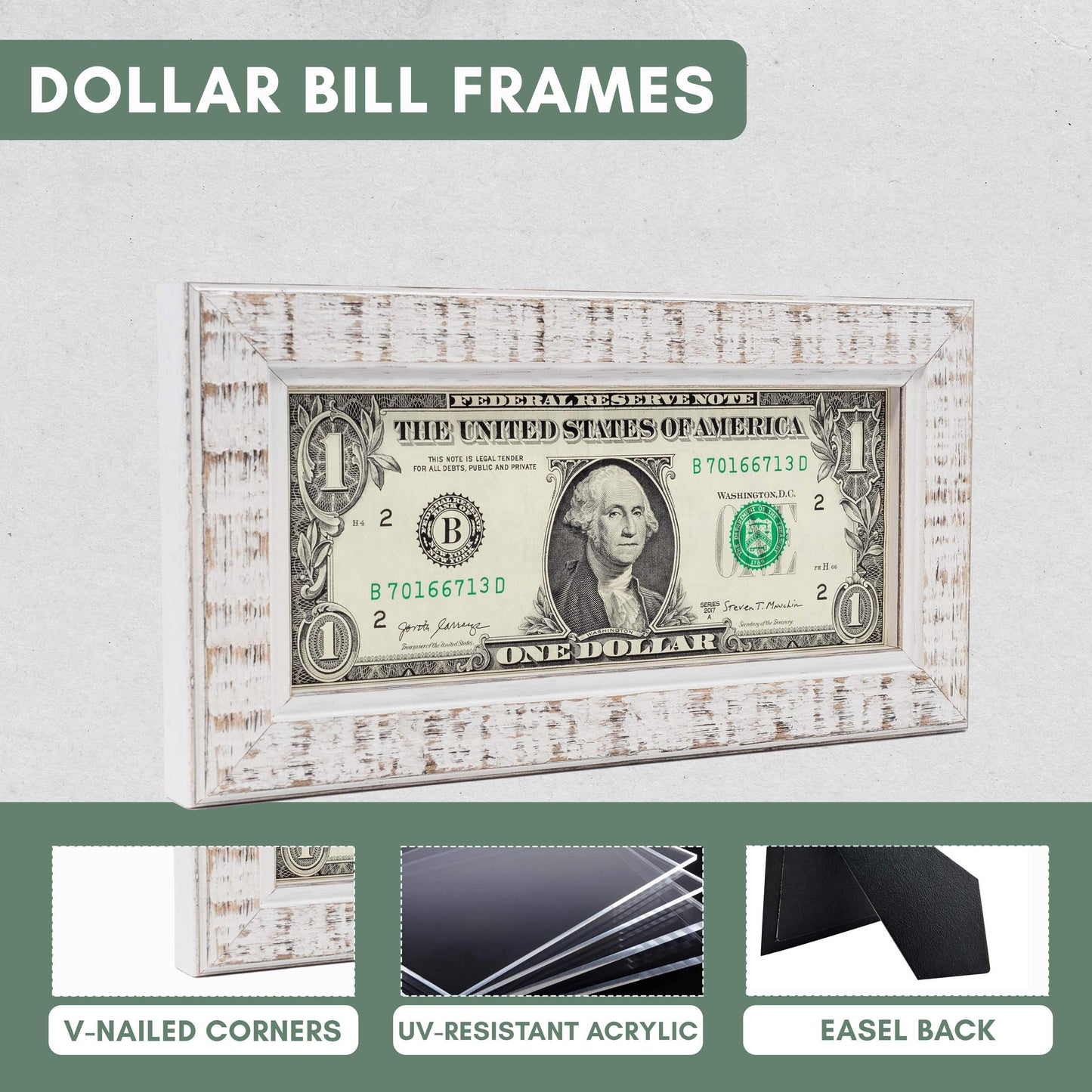 Rustic White First Dollar Currency Frame - size reference