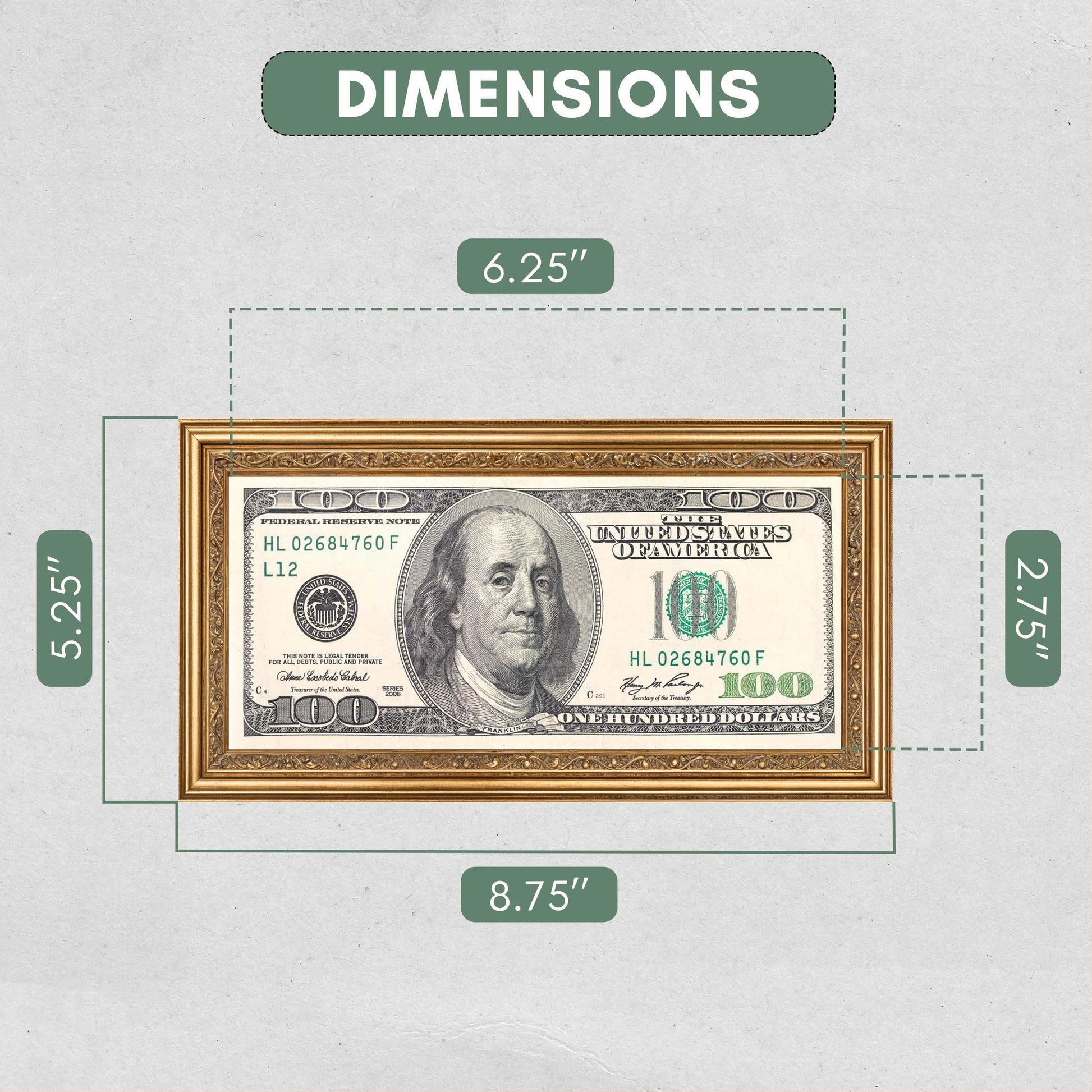 Antique Gold First Dollar Currency Frame - detail view