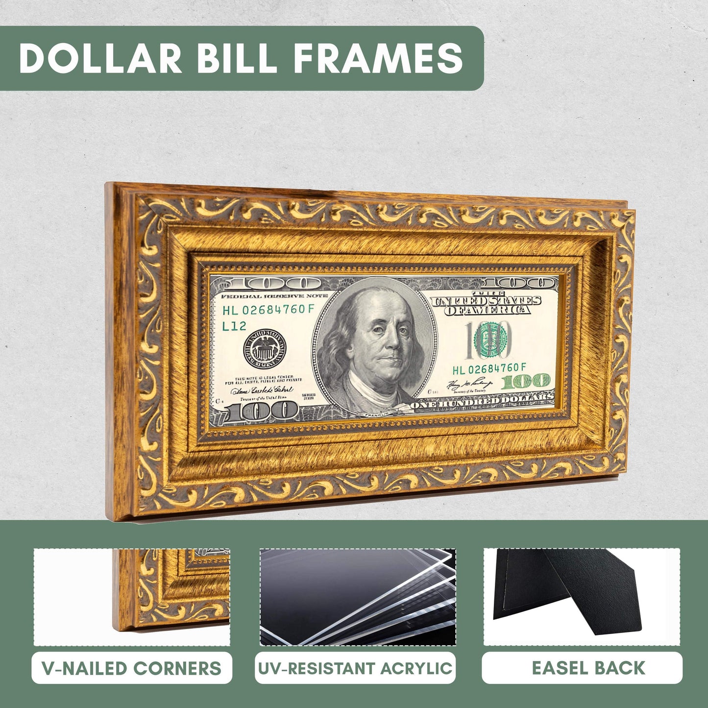Antique Gold First Dollar Currency Frame - size reference