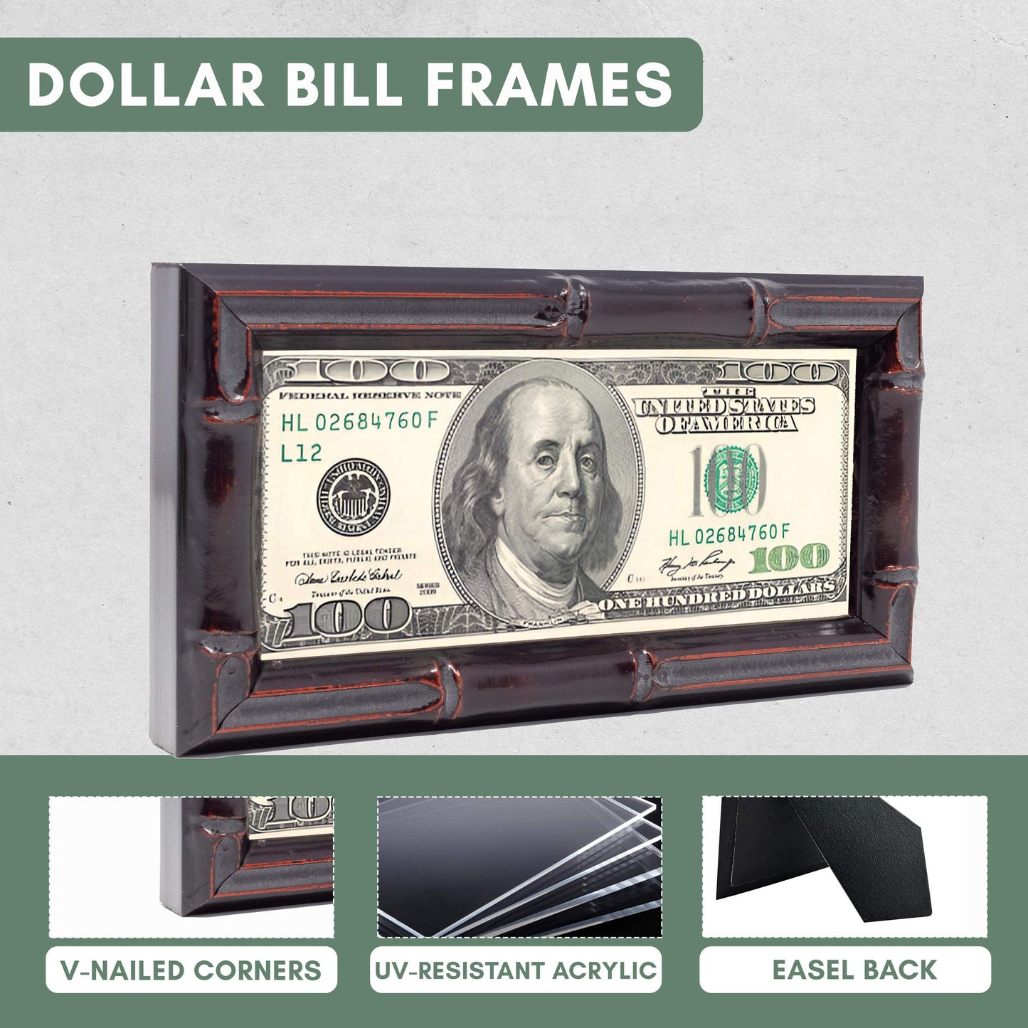 Walnut Bamboo First Dollar Currency Frame - size reference