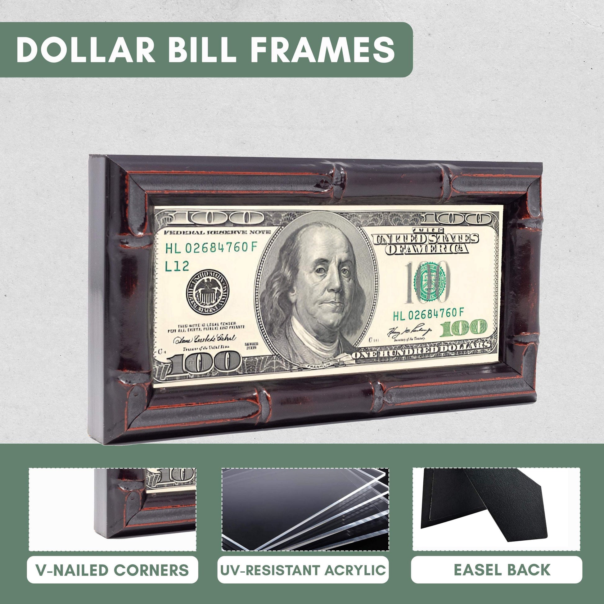 Walnut Bamboo First Dollar Currency Frame - size reference