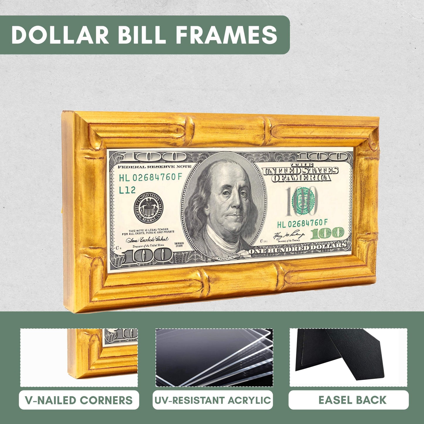 Gold Bamboo First Dollar Currency Frame - size reference