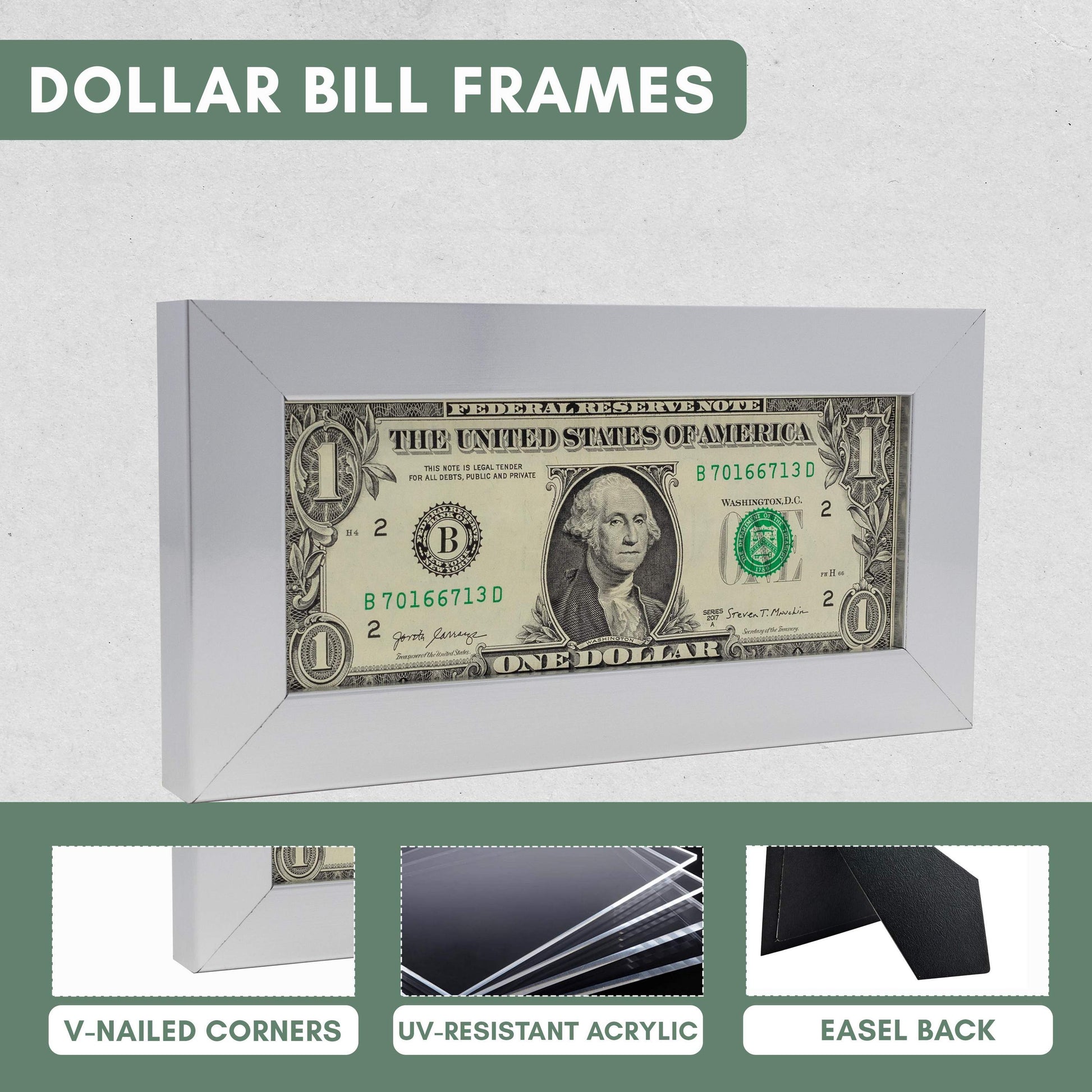 White First Dollar Currency Frame - size reference