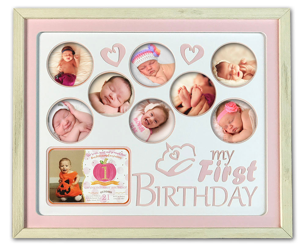 Baby's Girls First Birthday Collage Frame - corner and profile view