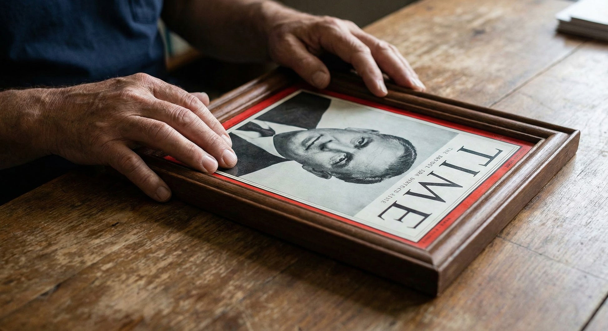Double Magazine Keepsake Frame with Navy Blue Mat (Style 2) - angle view