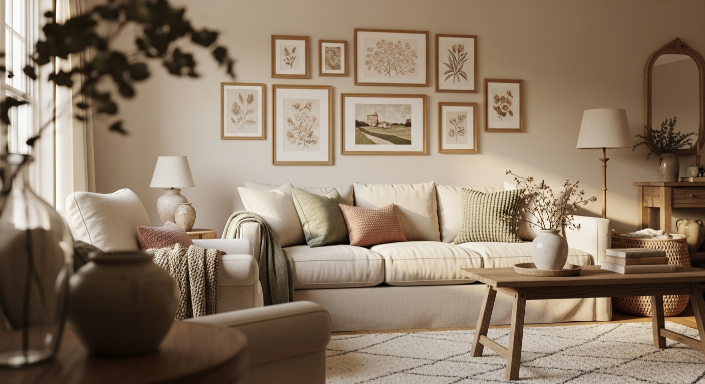 A gallery wall of framed art above a sofa in a warm living room